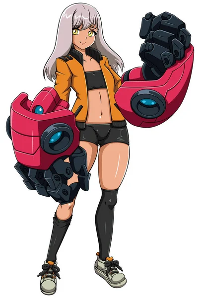 Anime Στυλ Απεικόνιση Της Εφηβικής Κορίτσι Ρομποτικά Χέρια — Διανυσματικό Αρχείο