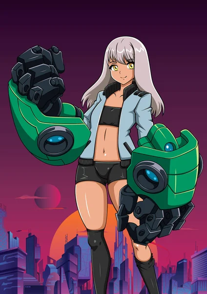 Anime Styl Ilustracja Nastolatki Dziewczyna Robotycznych Ramion Futurystycznym Mieście — Wektor stockowy
