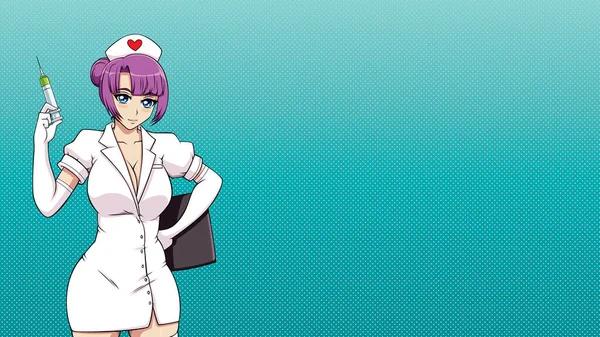 Ilustrasi Seorang Perawat Seksi Dalam Gaya Anime Pada Latar Belakang - Stok Vektor