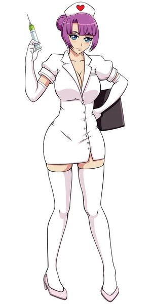 Ilustrasi Seorang Perawat Seksi Dalam Gaya Anime Pada Latar Belakang - Stok Vektor