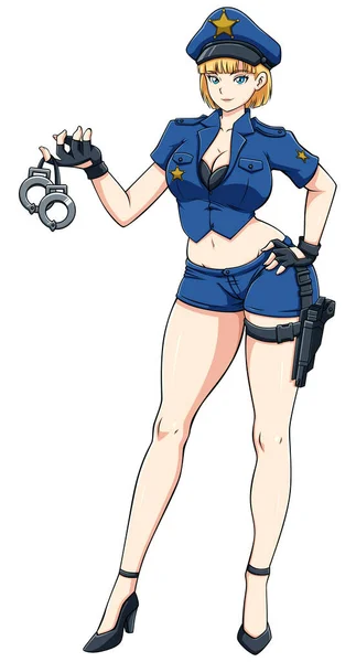Sexy Anime Menina Polícia Uniforme Segurando Algemas Isolado Branco Fundo — Vetor de Stock