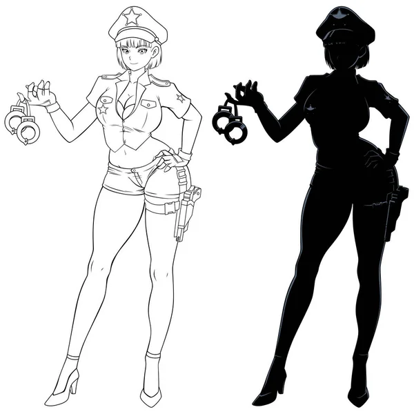 Sexy Anime Meisje Politie Uniform Met Handboeien Lijnkunst Silhouet Versie — Stockvector