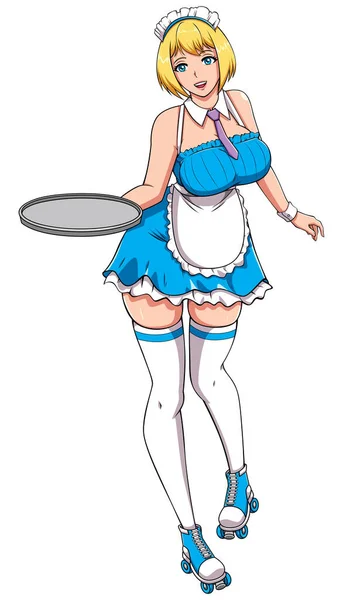 Anime Illustration Einer Blonden Kellnerin Mit Leerem Tablett Blauen Kleid — Stockvektor