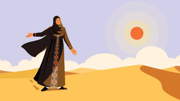 身着阿拉伯传统服饰的阿拉伯妇女在沙漠中的扁平图景 — 图库矢量图片