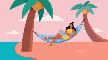 Düz tasarım çizimi, hamakta otururken dizüstü bilgisayarda çalışan sarışın kadın serbest yazar..