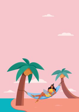 Düz tasarım çizimi, hamakta otururken dizüstü bilgisayarda çalışan sarışın kadın serbest yazar..