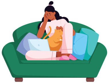 Evinde rahat bir şekilde dizüstü bilgisayarda çalışan güzel bir kadın ile düz stil çizimi..