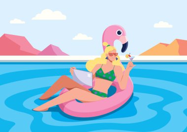 Yüzme havuzunda şişme pembe flamingo üzerinde oturan, kokteyl içen ve tableti üzerinde çalışan sarışın genç bir kadının düz stil çizimi..