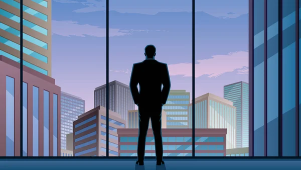 Businessman Watching City Window His Office — Stock Vector