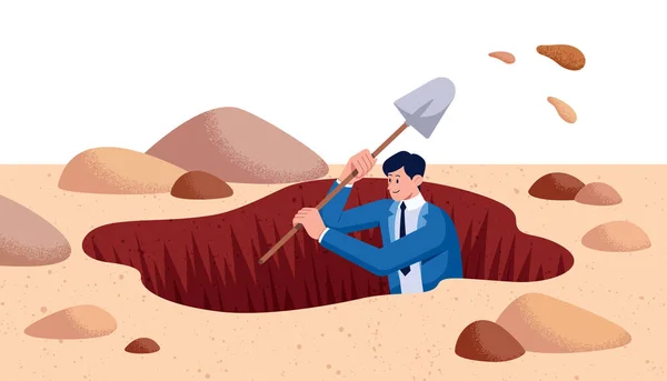 Businessman Digging Big Hole Shovel — Stock Vector