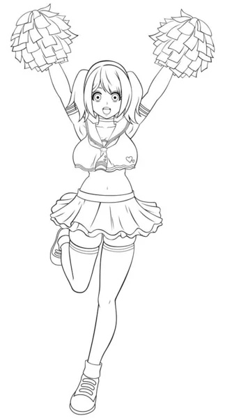 Anime Style Line Art Illustration Cute Cheerleader White Background — Stock Vector
