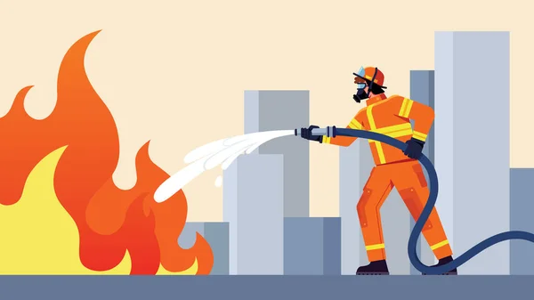 Flache Design Illustration Mit Feuerwehrmann Beim Löschen Eines Brennenden Feuers — Stockvektor