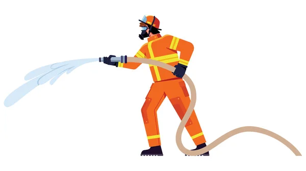 Flache Design Illustration Mit Feuerwehrmann Beim Löschen Eines Brennenden Feuers — Stockvektor