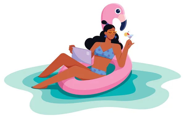 Flat Style Illustratie Met Jonge Vrouw Zitten Opblaasbare Roze Flamingo — Stockvector