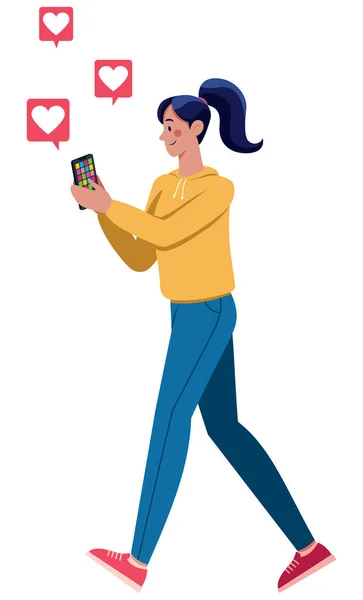 Επίπεδη Απεικόνιση Στυλ Νεαρή Γυναίκα Αποστολή Μηνυμάτων Στο Smartphone Ενώ — Διανυσματικό Αρχείο