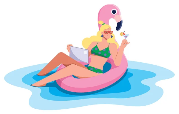 Flat Style Illustration Blond Young Woman Sitting Inflatable Pink Flamingo — Stock Vector
