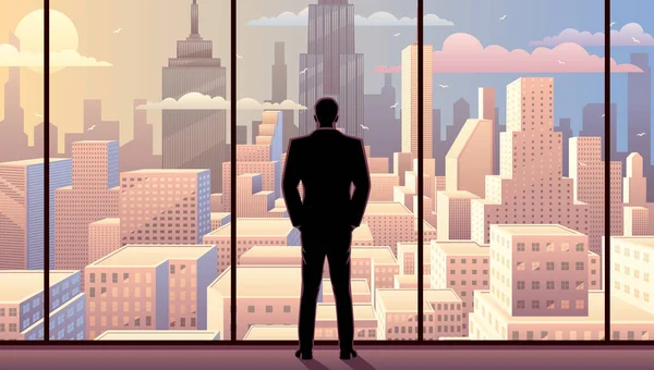 Biznesmen Obserwujący Miasto Przez Okno Swojego Biura — Wektor stockowy