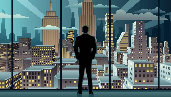 Businessman Watching City Window His Office — Stock Vector