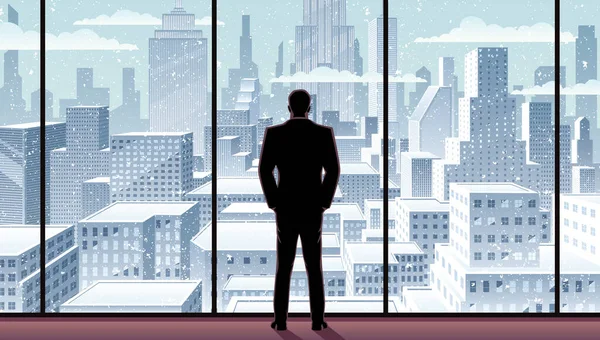 商人从办公室的窗户上俯瞰着城市 — 图库矢量图片
