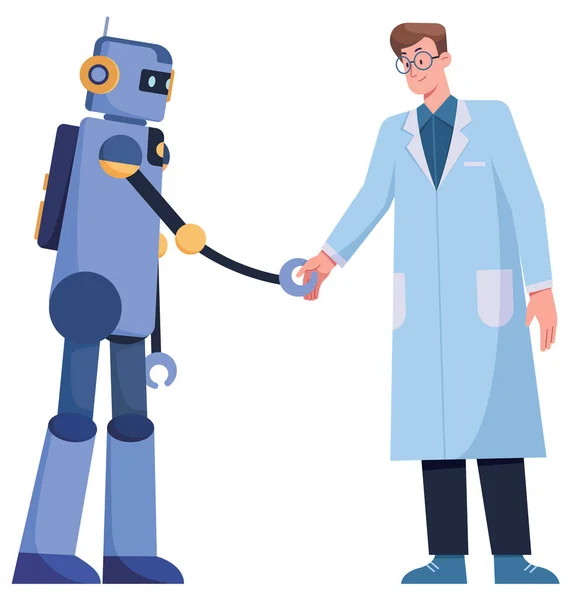 Flache Darstellung Eines Wissenschaftlers Der Mit Einem Künstlich Intelligenten Roboter — Stockvektor