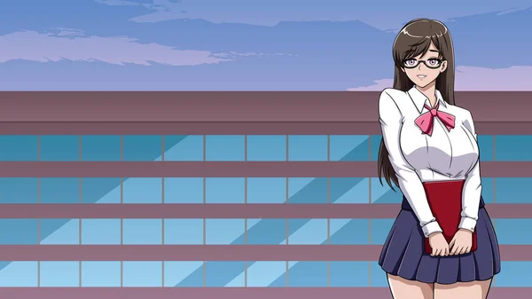 Anime Vagy Manga Stílusú Illusztráció Iskolás Lány Iskolai Egyenruha Holding — Stock Vector