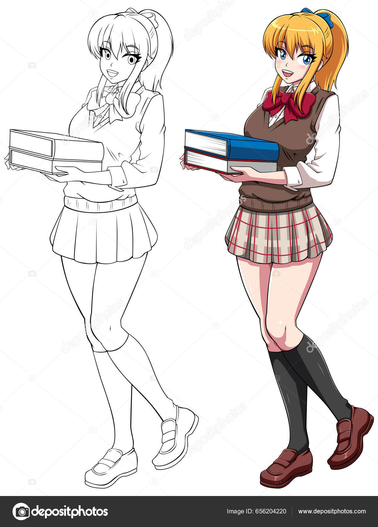 Anime mangá com uniforme escolar em várias poses