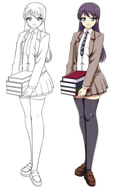 Anime ya da Manga stilinde okul üniformalı kız öğrencinin beyaz arka plan üzerine kitap tutuşu.