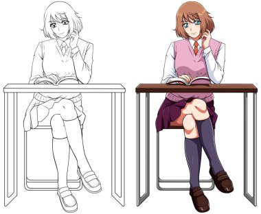 Anime ya da Manga tarzı, okul üniformalı kız öğrencinin beyaz arka plan üzerine kitap okuması..