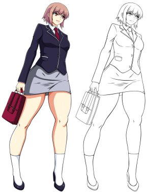Anime ya da Manga tarzı, okul üniformalı kızın beyaz arka planda sırt çantasını tutuşu..