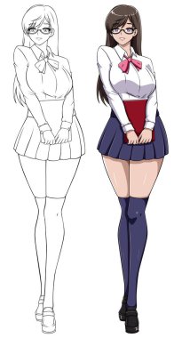 Anime ya da Manga tarzı resimde okul üniformalı kız beyaz arka plan üzerine kitap tutuyor..