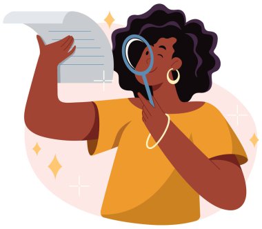 Elinde büyüteç olan siyah bir kadının düz tasarım çizimi, bir belgenin ince baskısını inceliyor..