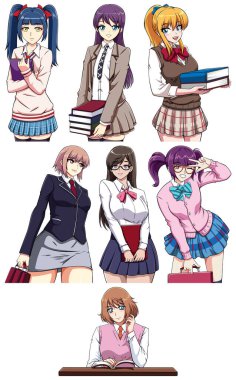 Anime stili okul üniformalı kızlar beyaz arka planda izole edilmiş..