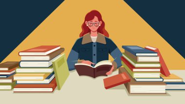 Etrafı kitaplarla çevriliyken kitap okuyan bir kızın düz tasarım çizimi.