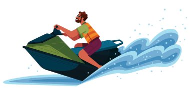 Suyun üzerinde jet ski süren kişinin düz tasarım çizimi.