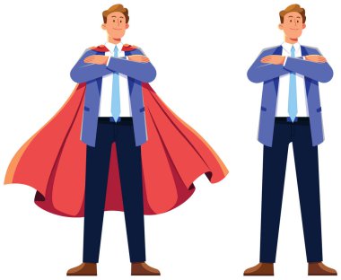 Kollarını kavuşturup göğsünü kabartmış bir şekilde gururla duran bir iş adamının düz tasarım çizimi, sanki bir zaferi kutluyor gibi..