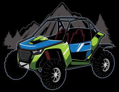 Mascot illustration for side-by-side utility vehicle with trees and hills in the background. clipart