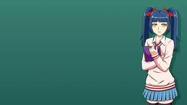 Anime Manga Style Illustration Schoolgirl School Uniform Holding Book Front — Stock Vector