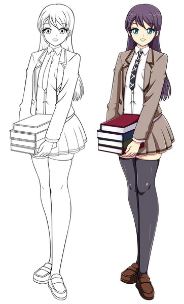 身着校服 手持白色背景书籍的女学生的哑剧或漫画 — 图库矢量图片