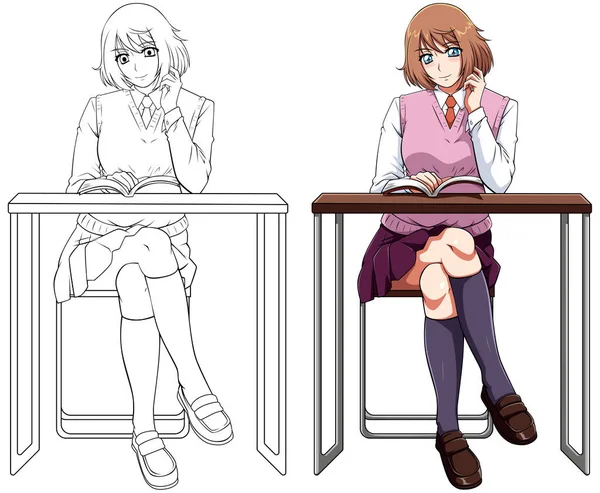 Anime Eller Manga Stil Illustration Skolflicka Skolan Uniform Läsa Bok — Stock vektor