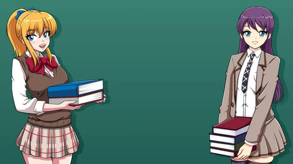 Anime Stil Illustration Skolflickor Skolan Uniformer Som Håller Böcker Framför — Stock vektor