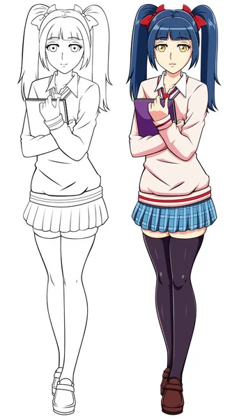Anime Manga Style Illustration Schoolgirl School Uniform Holding Book White — Stock Vector