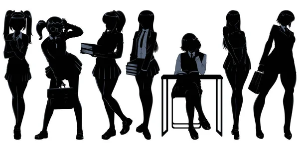 Anime Stílus Sziluett Készlet Iskolás Lányok Iskolai Egyenruha Elszigetelt Fehér — Stock Vector