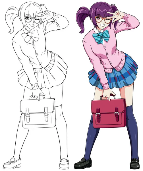 Ilustrasi Gaya Anime Atau Manga Gadis Sekolah Dengan Seragam Sekolah - Stok Vektor