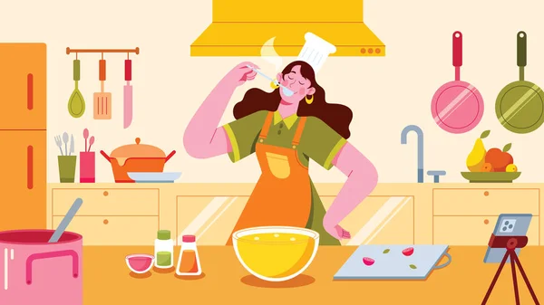 平面设计插图与女性烹饪博客 站在厨房 她一边品尝着食物 一边被各种炊具 配料和器具包围着 — 图库矢量图片