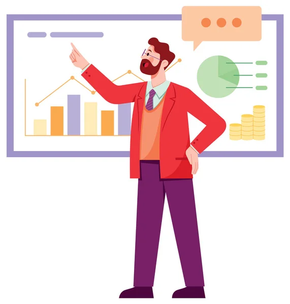 Flat Design Illustration Man Business Suit Presenting Economy Statistics Whiteboard — Stock Vector
