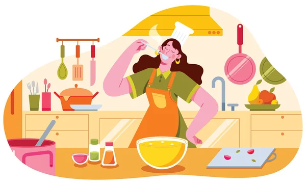 女性シェフとのフラットデザインイラスト キッチンで料理 様々な調理器具 器具に囲まれながら料理を味わっている — ストックベクタ