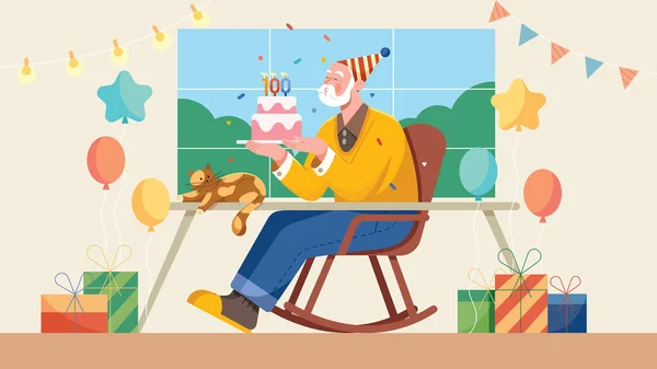 Επίπεδη Σχεδιαστική Απεικόνιση Του Γέρου Που Γιορτάζει Εκατοστά Του Γενέθλια — Διανυσματικό Αρχείο