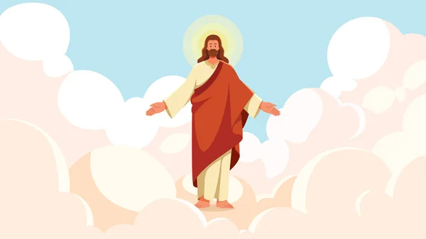 Плоский Дизайн Зображення Ісуса Хмарах Розпростягнутими Руками Одягнений Довге Вбрання — стоковий вектор