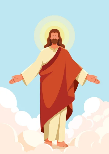 Плоская Иллюстрация Иисуса Облаках Распростертыми Руками Длинном Халате Нимбе Вокруг — стоковый вектор