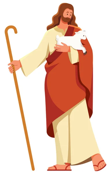 Płaska Ilustracja Projektu Jezusem Jako Pasterzem Trzymającym Baranka Jednej Ręce — Wektor stockowy
